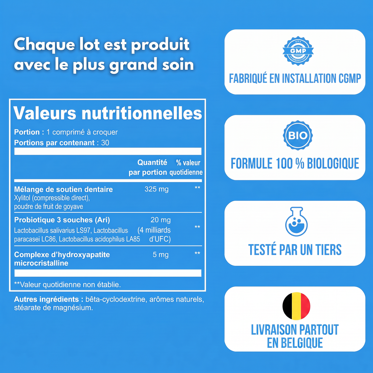 Valeurs nutritionnelles et badges qualité d'Emaline