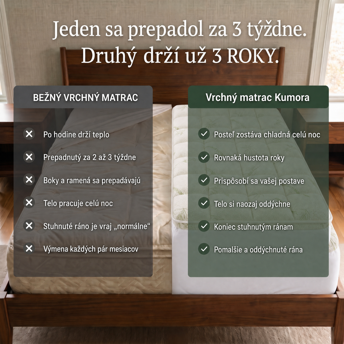 Porovnanie bežného vrchného matraca a Kumory