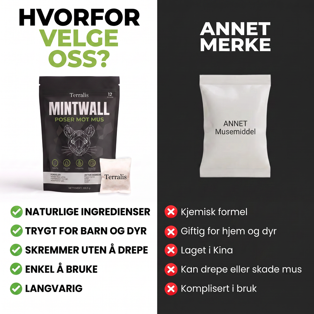 Museposer Mintwall fra Terralis, kremfarget pose og svart pakke med 12 poser