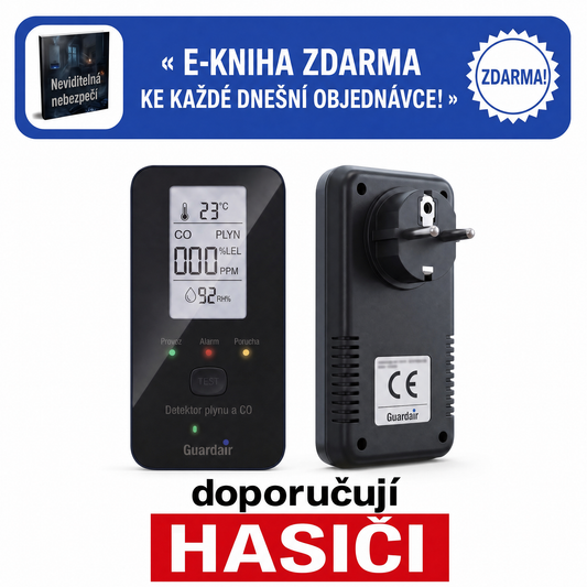 Detektor Guardair zapojený do zásuvky, zobrazuje aktuální hodnoty plynu