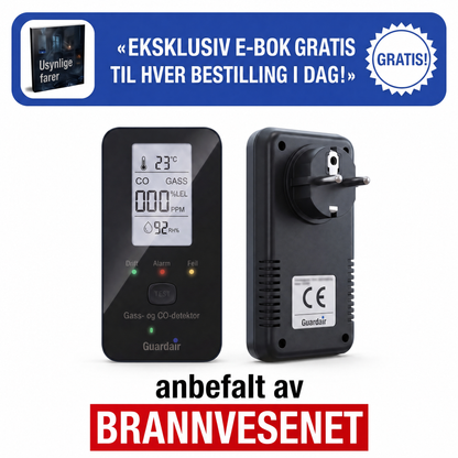 Guardair-detektor i en stikkontakt som viser gassverdier i sanntid