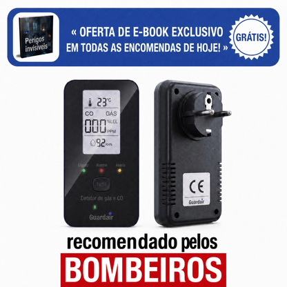 Detetor Guardair ligado a uma tomada de parede, a mostrar os valores de gás em tempo real