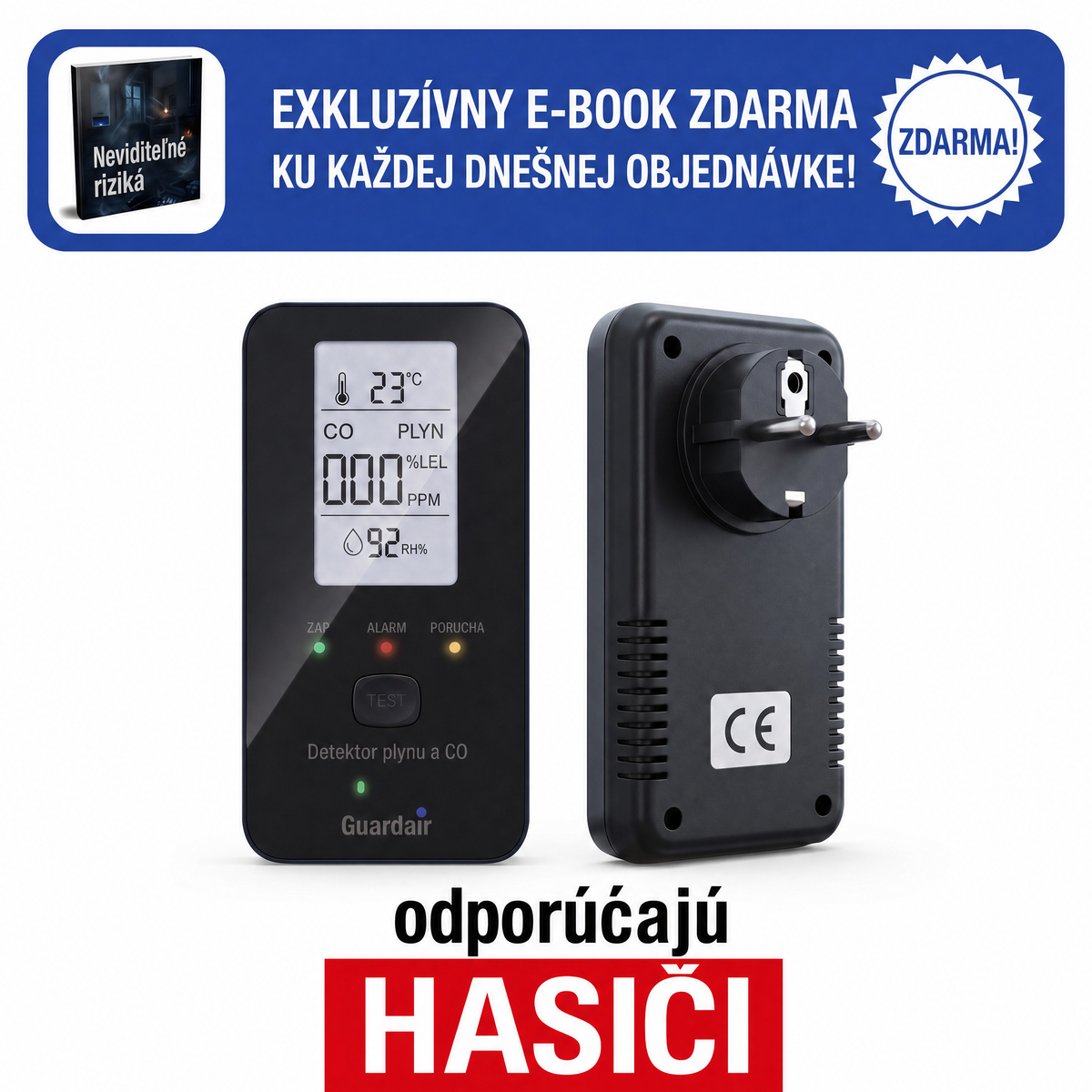 Detektor Guardair zapojený do zásuvky, zobrazuje hodnoty plynu v reálnom čase