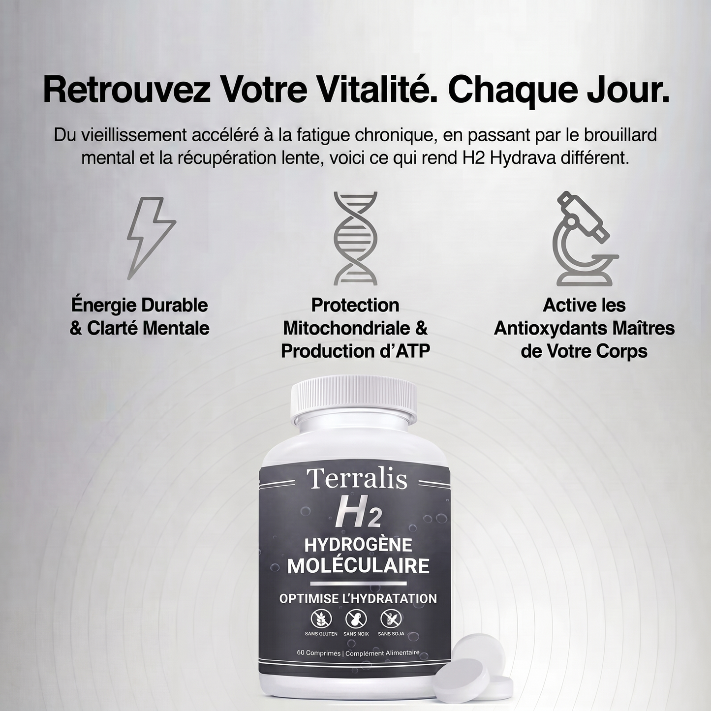 Épuisé(e) toute la journée, vous vieillissez plus vite que vous ne le devriez ? Hydrava H2 protège vos cellules de l'intérieur.
