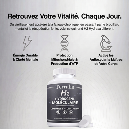 Épuisé(e) toute la journée, vous vieillissez plus vite que vous ne le devriez ? Hydrava H2 protège vos cellules de l'intérieur.
