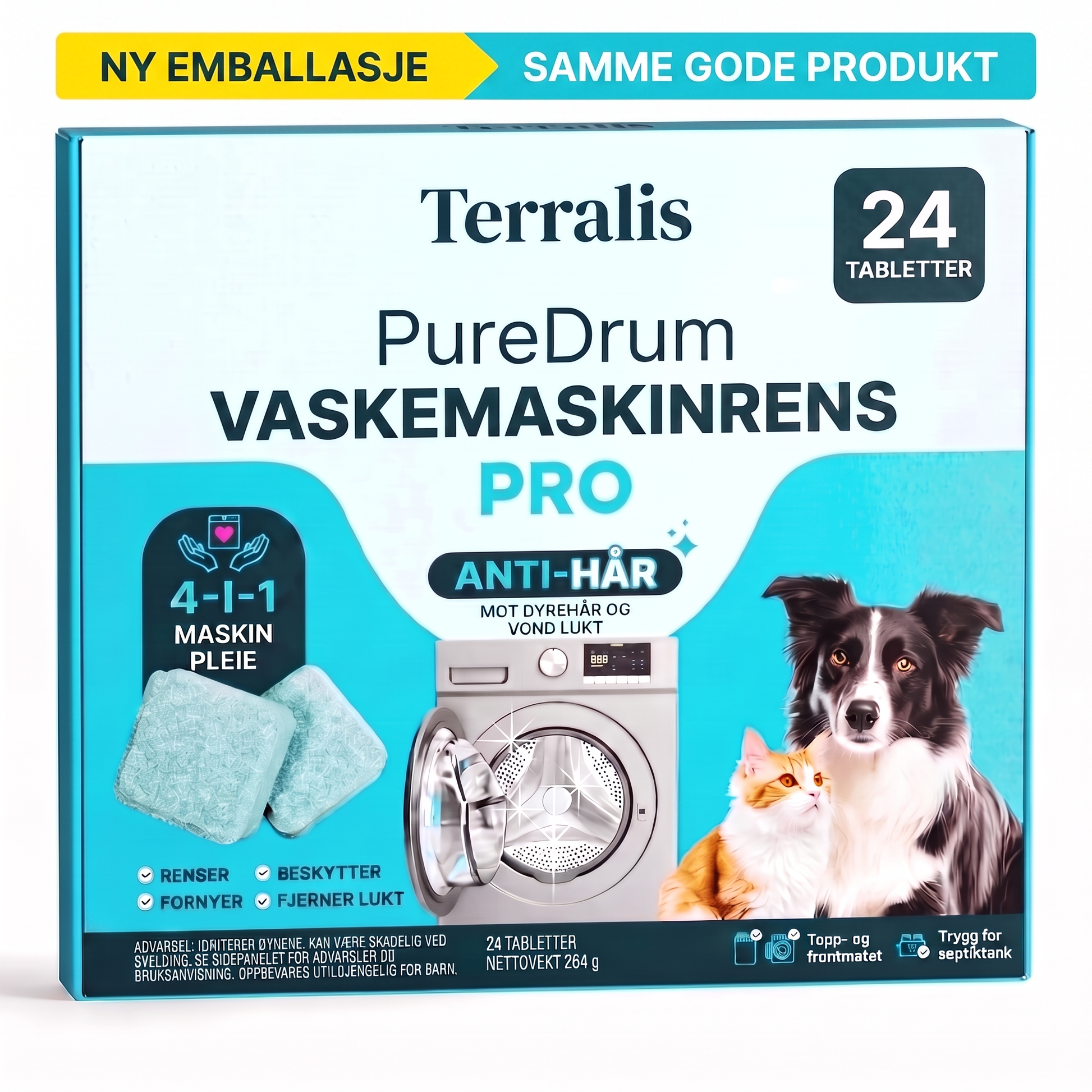 Terralis PureDrum Pro, vaskemaskinrens mot dyrehår, 24 tabletter