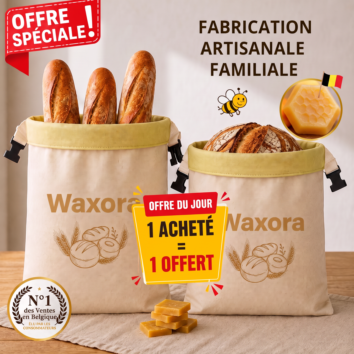 Sac à pain Waxora en coton et cire d'abeille, offre spéciale