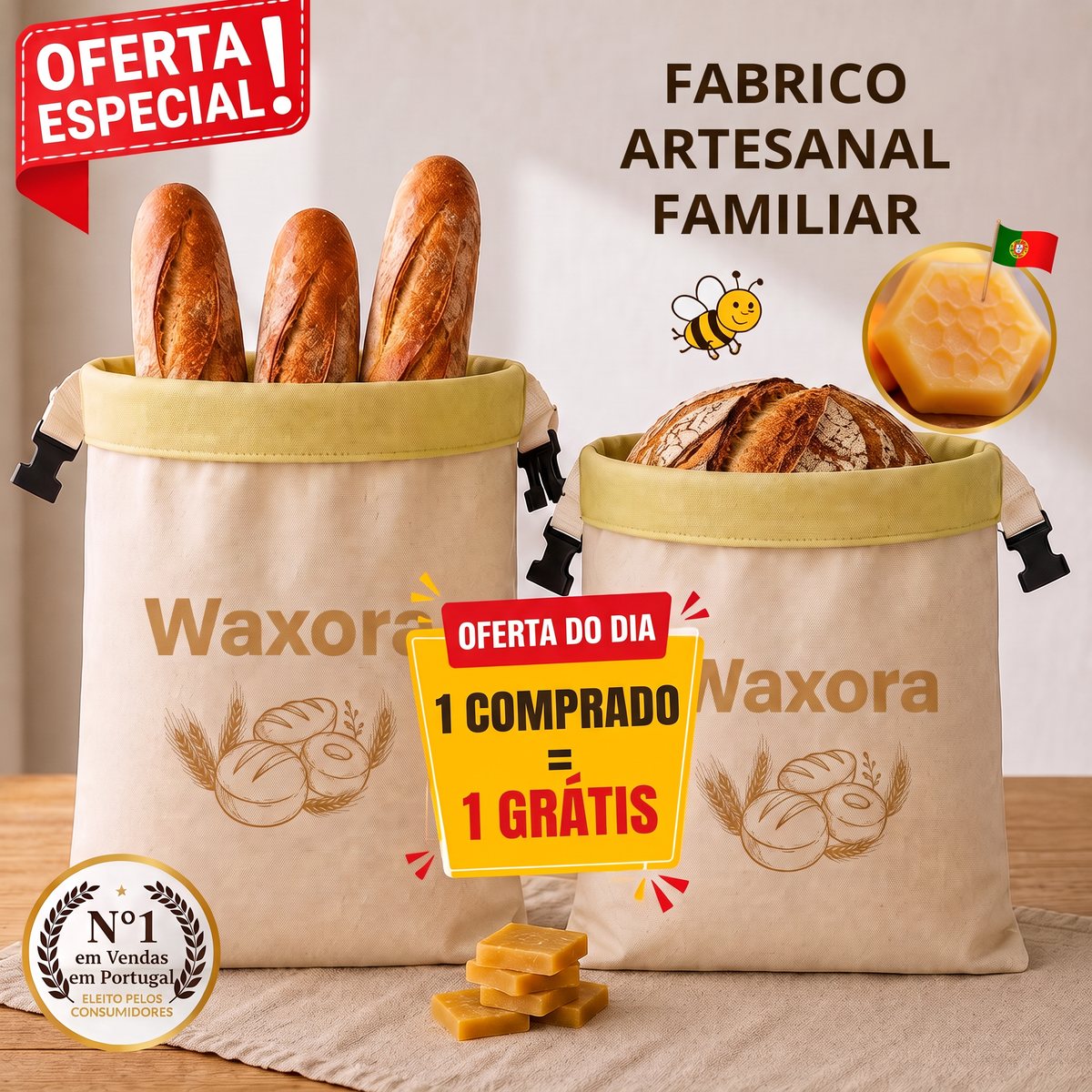 Saco para pão Waxora em algodão e cera de abelha, oferta especial