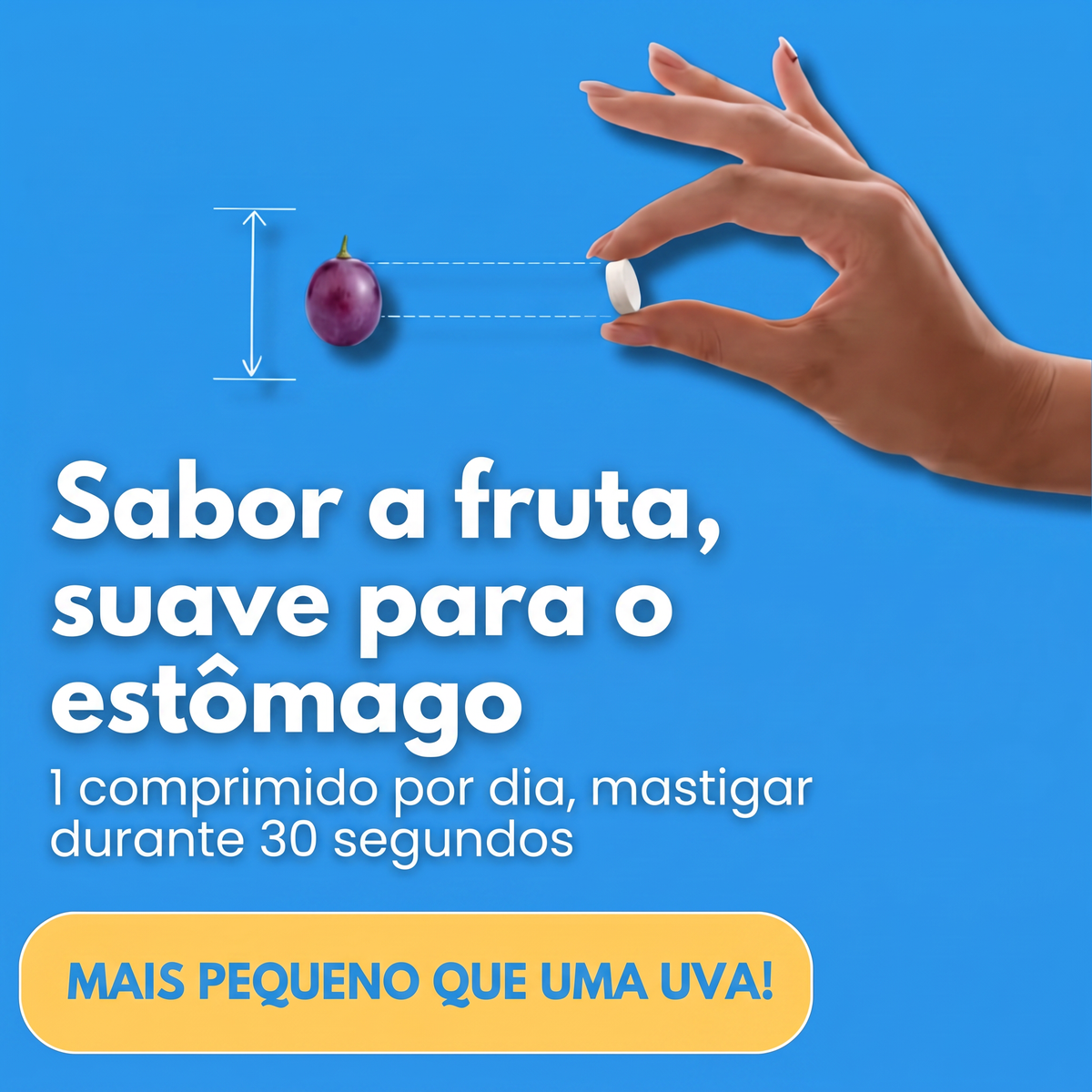 Tamanho real do comprimido mastigável Emaline