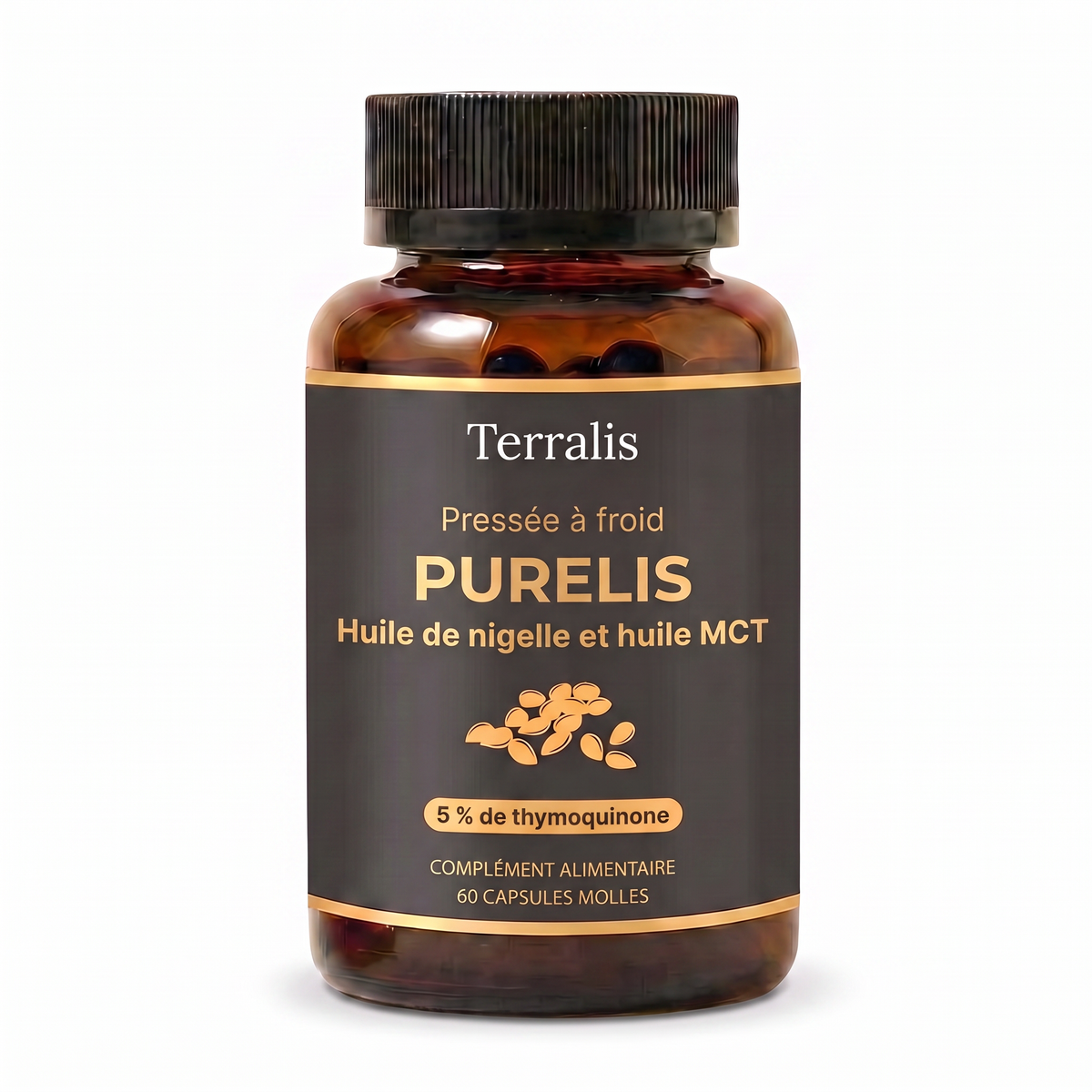 Flacon de Purelis, huile de nigelle a 5 % de thymoquinone avec huile MCT