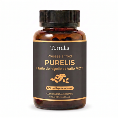 Flacon de Purelis, huile de nigelle a 5 % de thymoquinone avec huile MCT