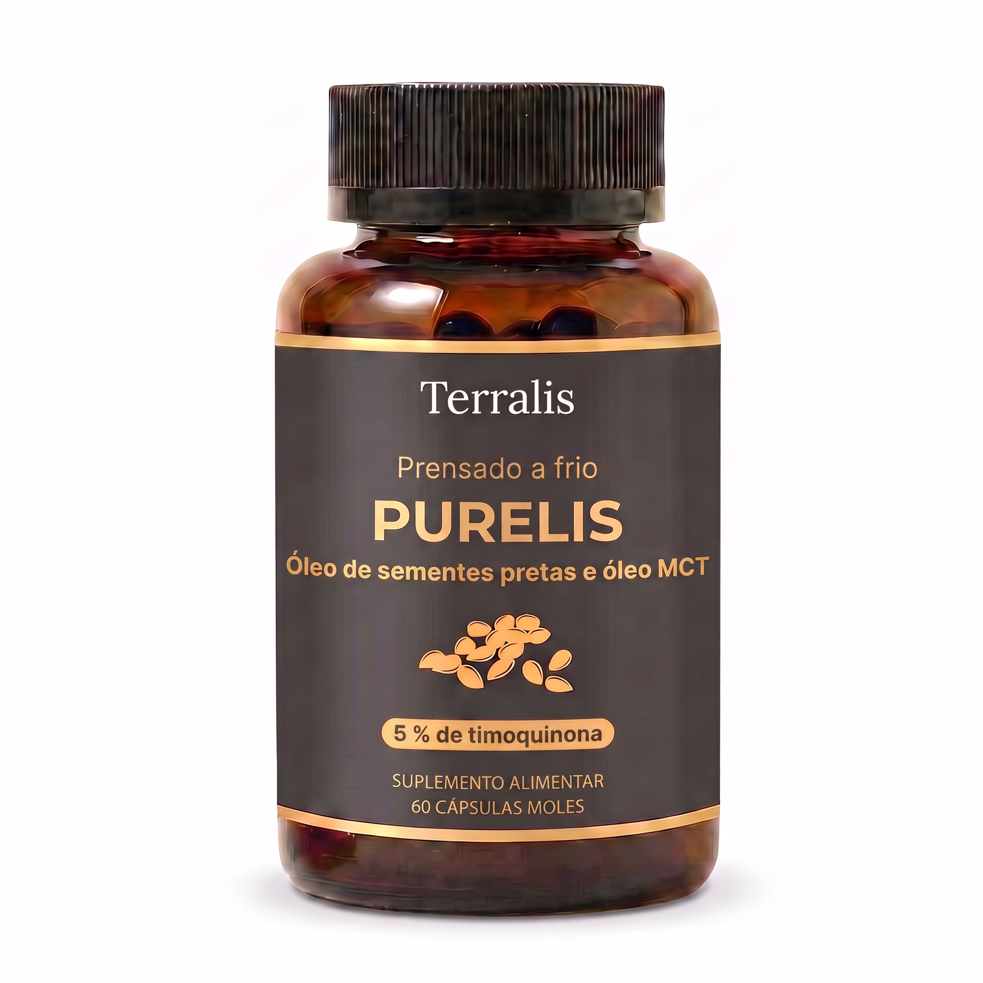 Frasco de Purelis, óleo de nigela com 5 % de timoquinona e óleo MCT