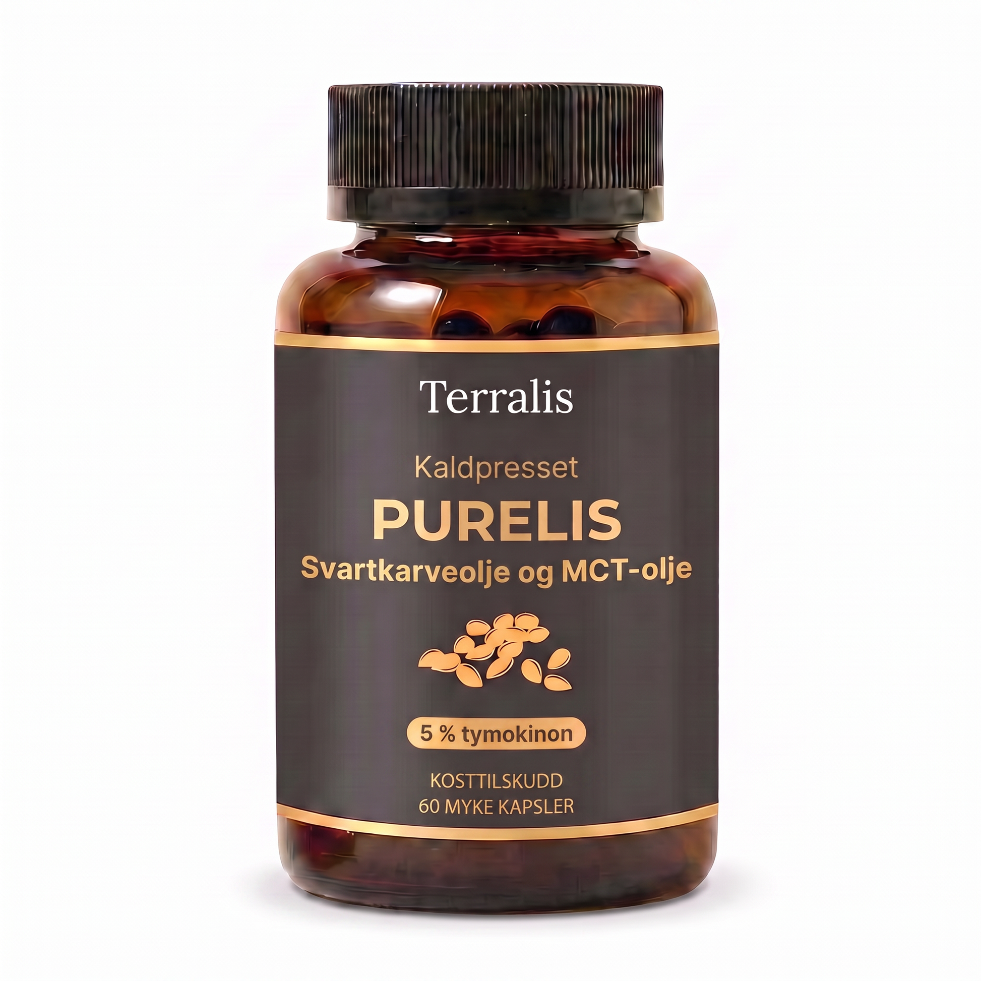 Flaske med Purelis, svartkarveolje med 5 % tymokinon og MCT-olje