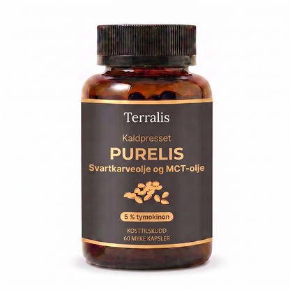 Flaske med Purelis, svartkarveolje med 5 % tymokinon og MCT-olje