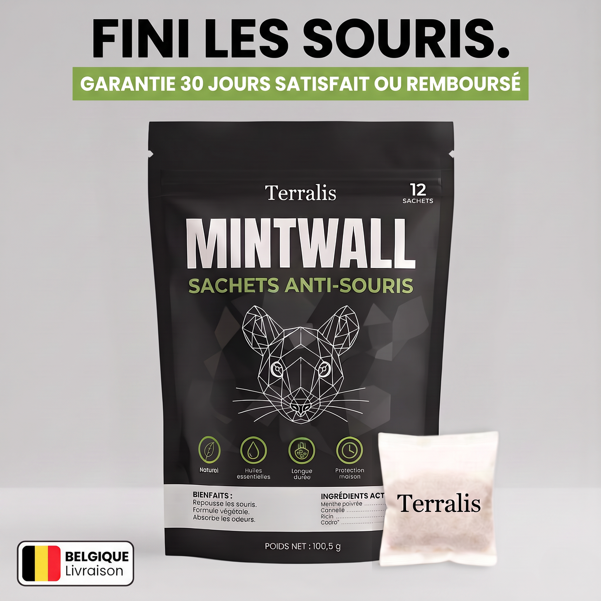 Sachets anti-souris Mintwall de Terralis, sachet écru et sac noir de 12 sachets