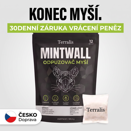 Sáčky proti myším Mintwall od Terralis, krémový sáček a černý balíček s 12 sáčky