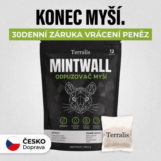 Sáčky proti myším Mintwall od Terralis, krémový sáček a černý balíček s 12 sáčky