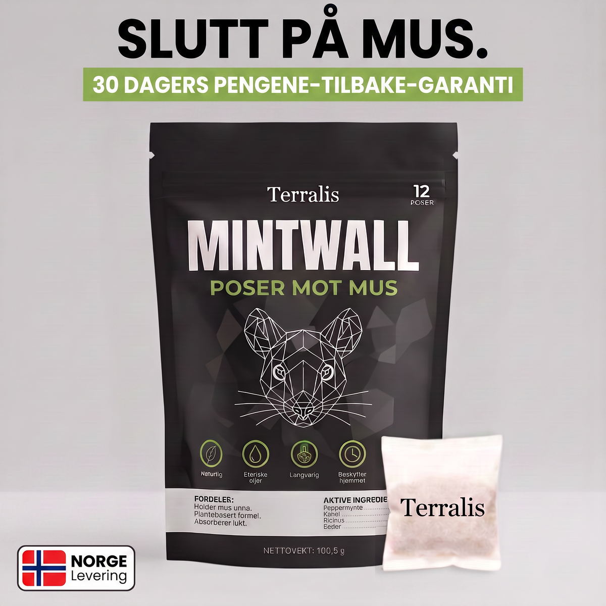 Museposer Mintwall fra Terralis, kremfarget pose og svart pakke med 12 poser