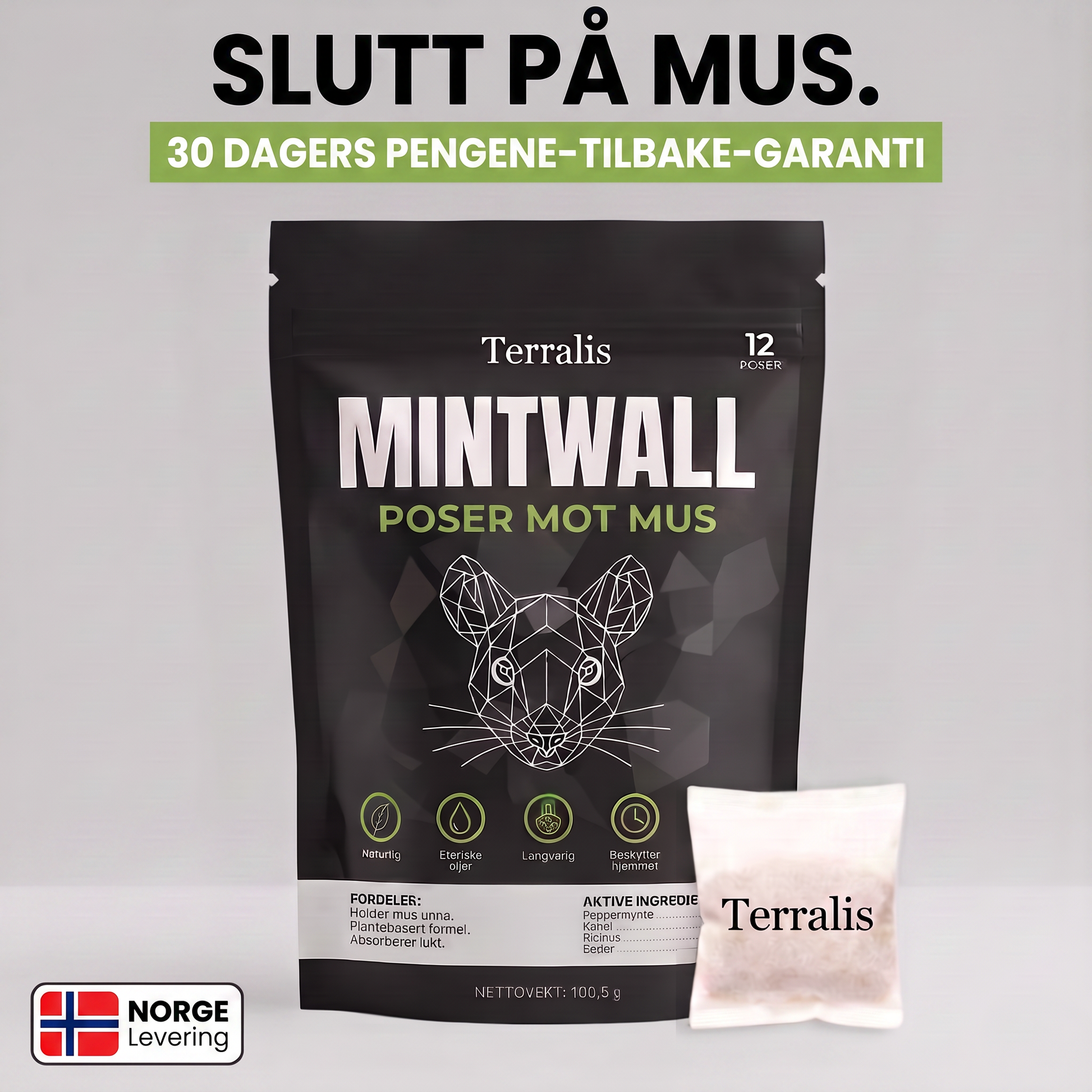Museposer Mintwall fra Terralis, kremfarget pose og svart pakke med 12 poser