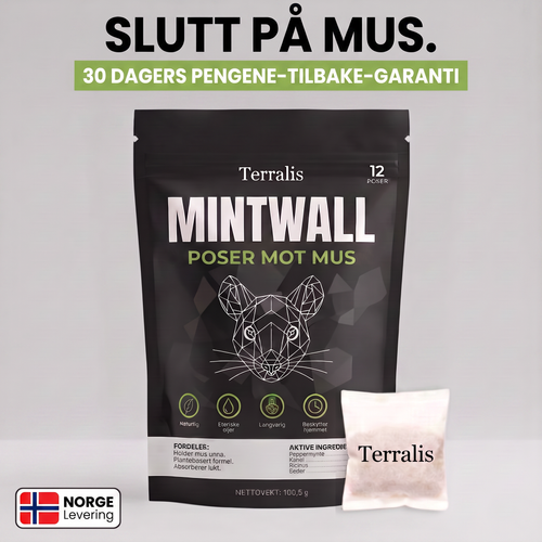 Museposer Mintwall fra Terralis, kremfarget pose og svart pakke med 12 poser