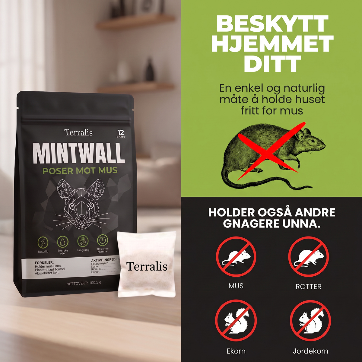 Museposer Mintwall fra Terralis, kremfarget pose og svart pakke med 12 poser