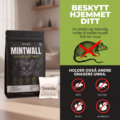 Museposer Mintwall fra Terralis, kremfarget pose og svart pakke med 12 poser