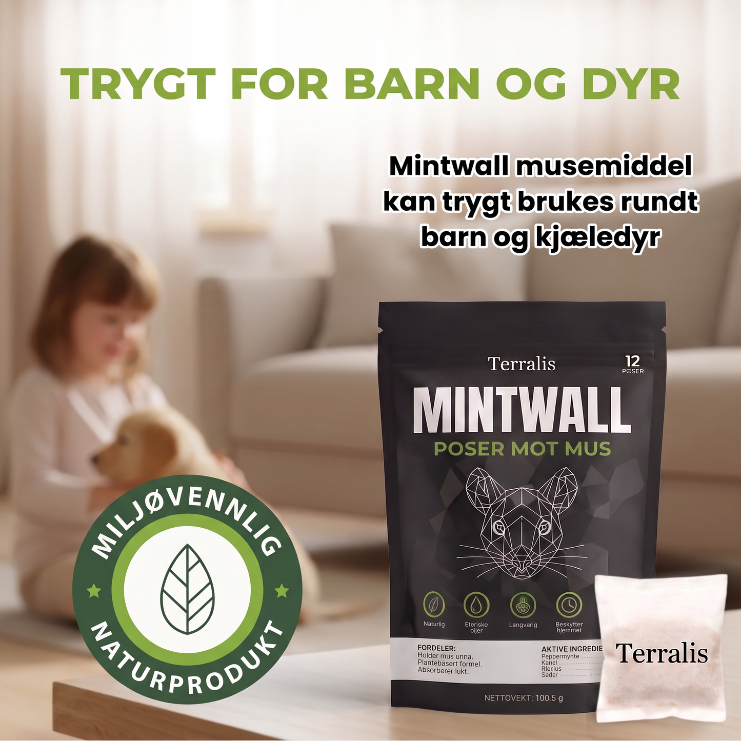 Museposer Mintwall fra Terralis, kremfarget pose og svart pakke med 12 poser