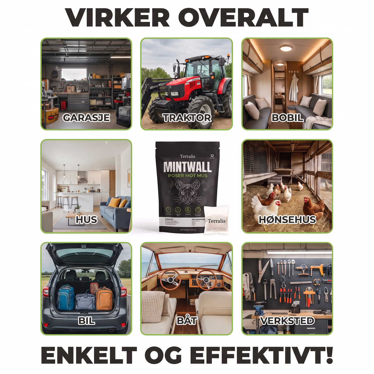 Museposer Mintwall fra Terralis, kremfarget pose og svart pakke med 12 poser