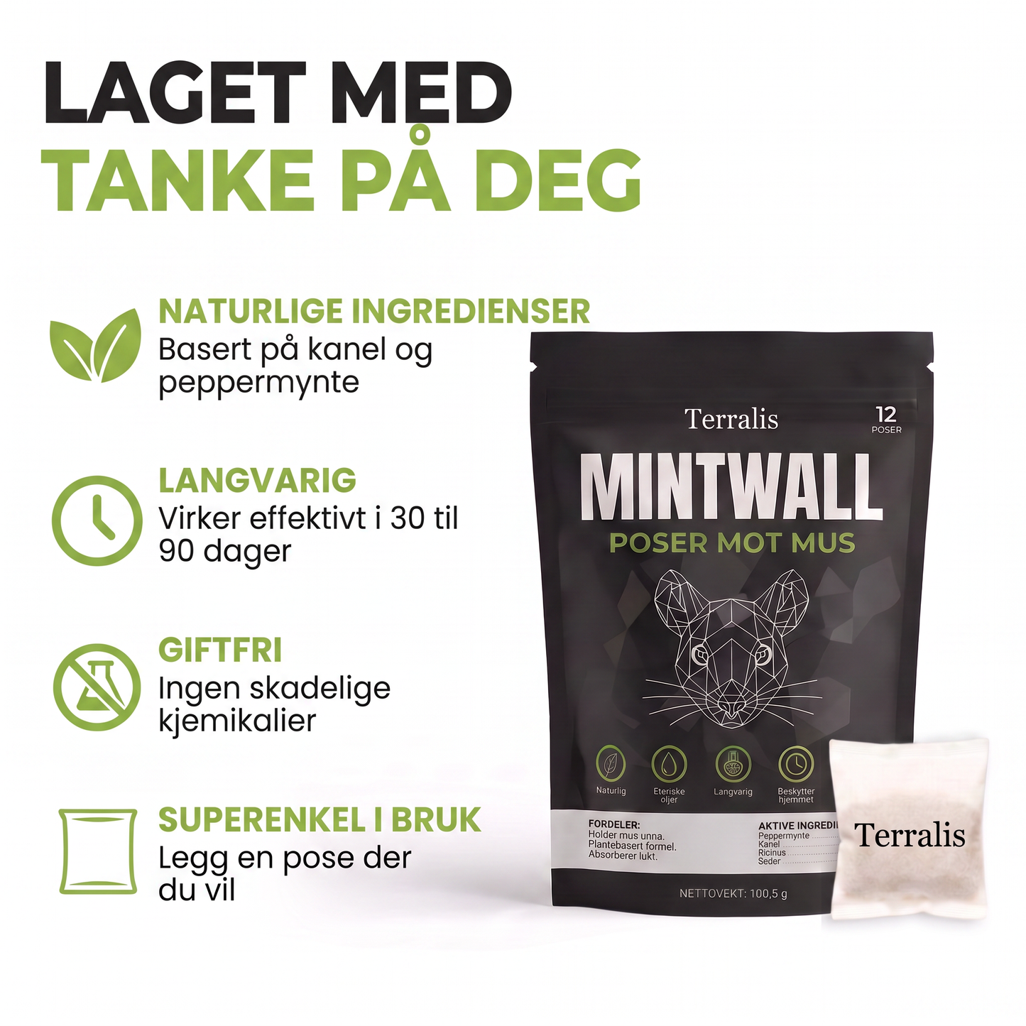 Museposer Mintwall fra Terralis, kremfarget pose og svart pakke med 12 poser