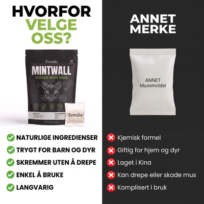Museposer Mintwall fra Terralis, kremfarget pose og svart pakke med 12 poser