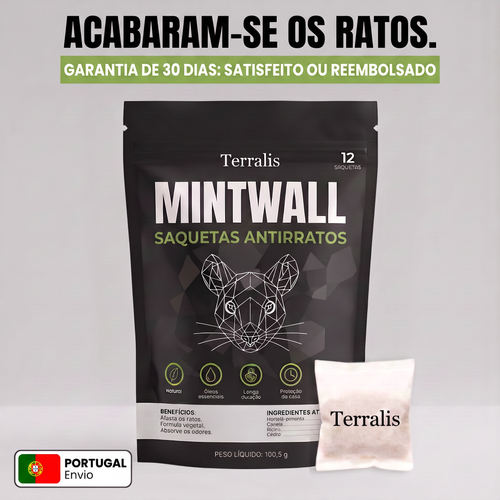 Saquetas anti-ratos Mintwall da Terralis, saqueta cru e saco preto de 12 saquetas