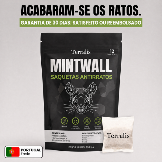 Saquetas anti-ratos Mintwall da Terralis, saqueta cru e saco preto de 12 saquetas