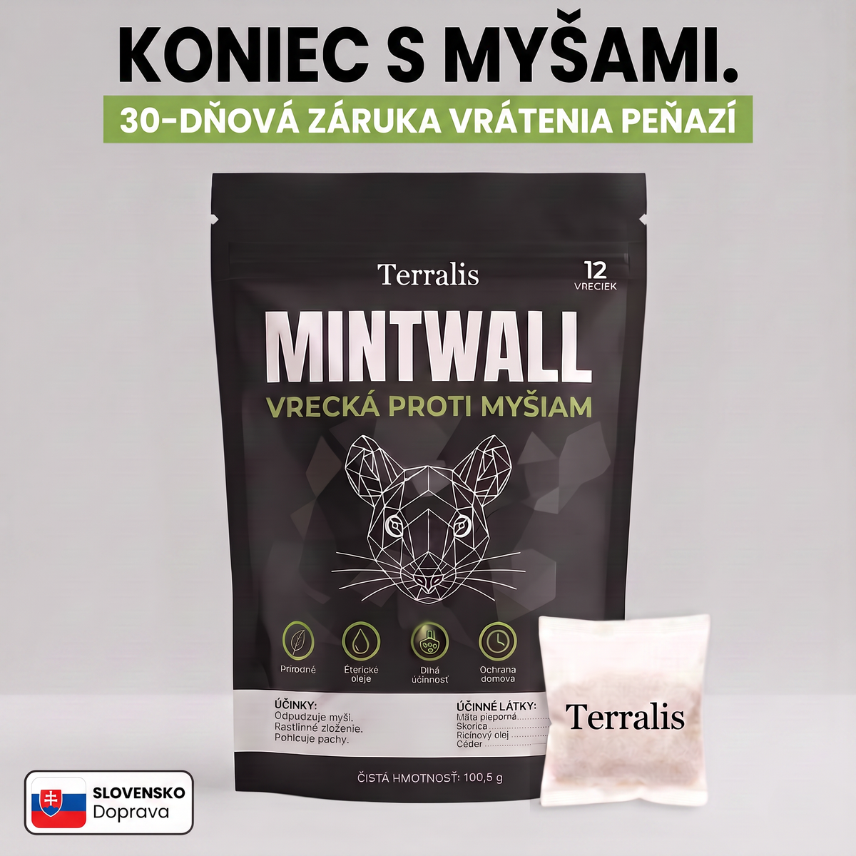 Vrecká proti myšiam Mintwall od Terralis, krémové vrecko a čierne balenie s 12 vreckami