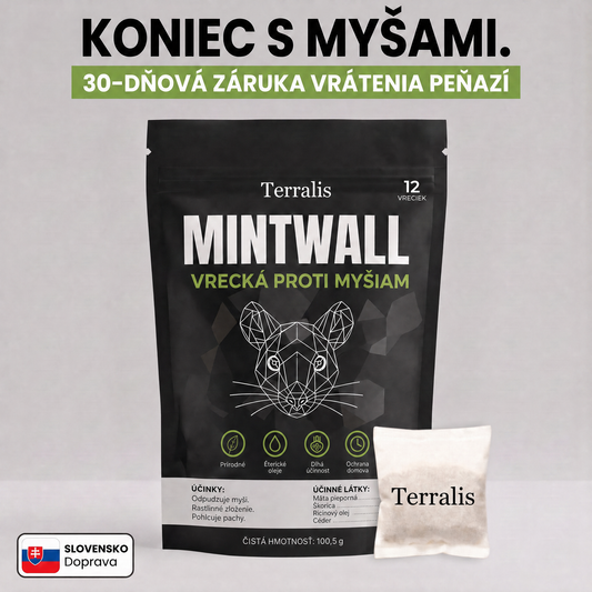 Vrecká proti myšiam Mintwall od Terralis, krémové vrecko a čierne balenie s 12 vreckami